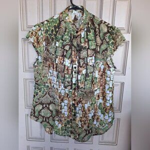 DressBarn Blouse SzM Grn/Brn/Creme Embellished Button Front Cap Sleeve Curve Hem